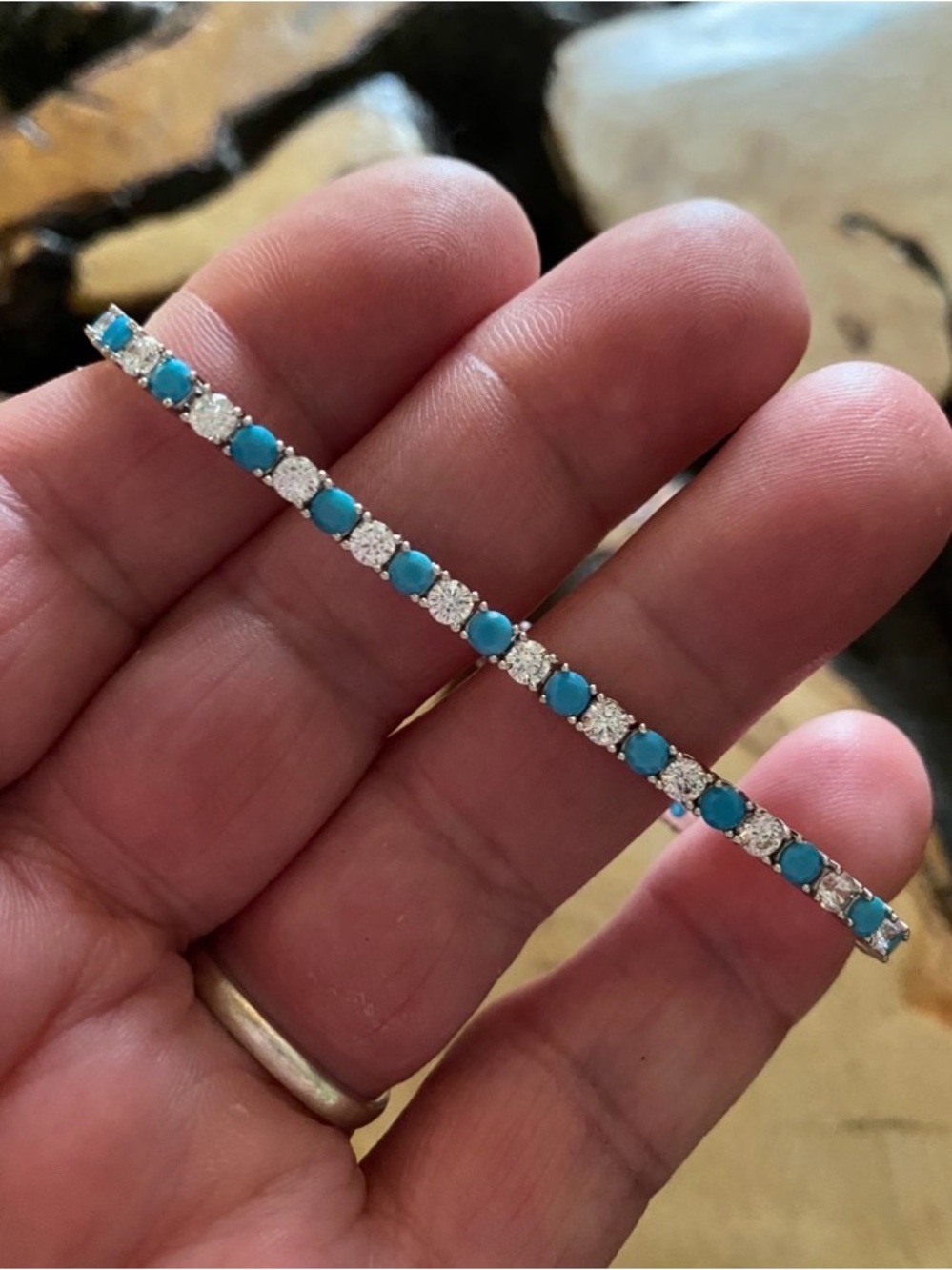 Natural turquoise & CZ 3mm Round Cut Tennis Bracelet 14K Gold Plated